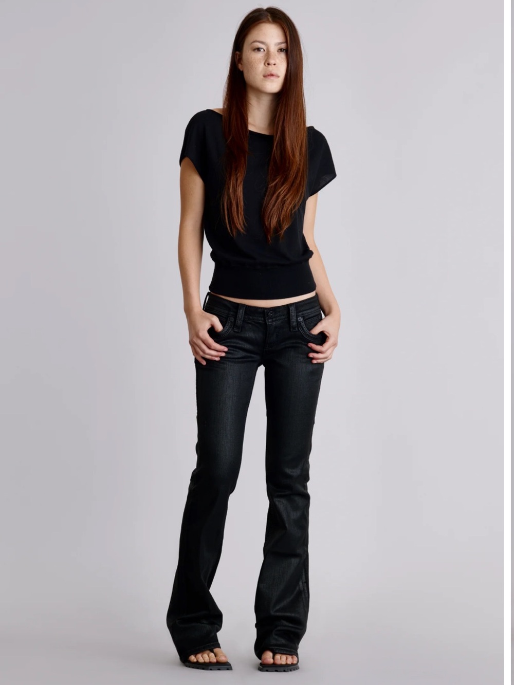 Rock Revival Gwen Black Super Low-Rise Bootcut Jeans in Black Coating